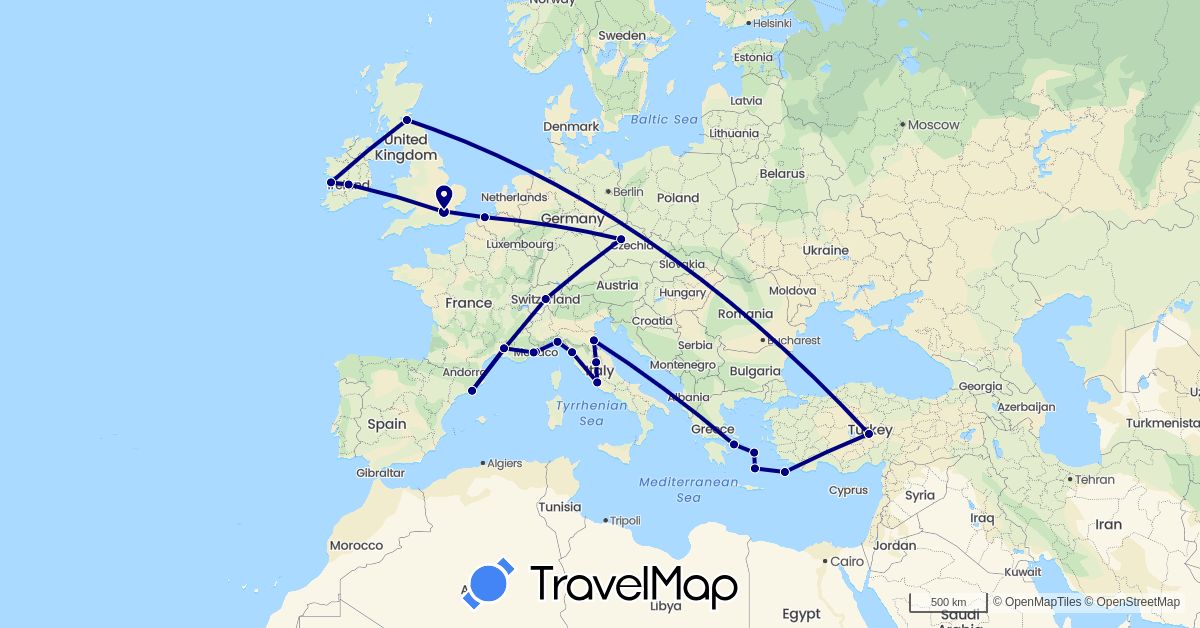 TravelMap itinerary: driving in Belgium, Switzerland, Czech Republic, Spain, France, United Kingdom, Greece, Ireland, Italy, Monaco, Turkey (Asia, Europe)